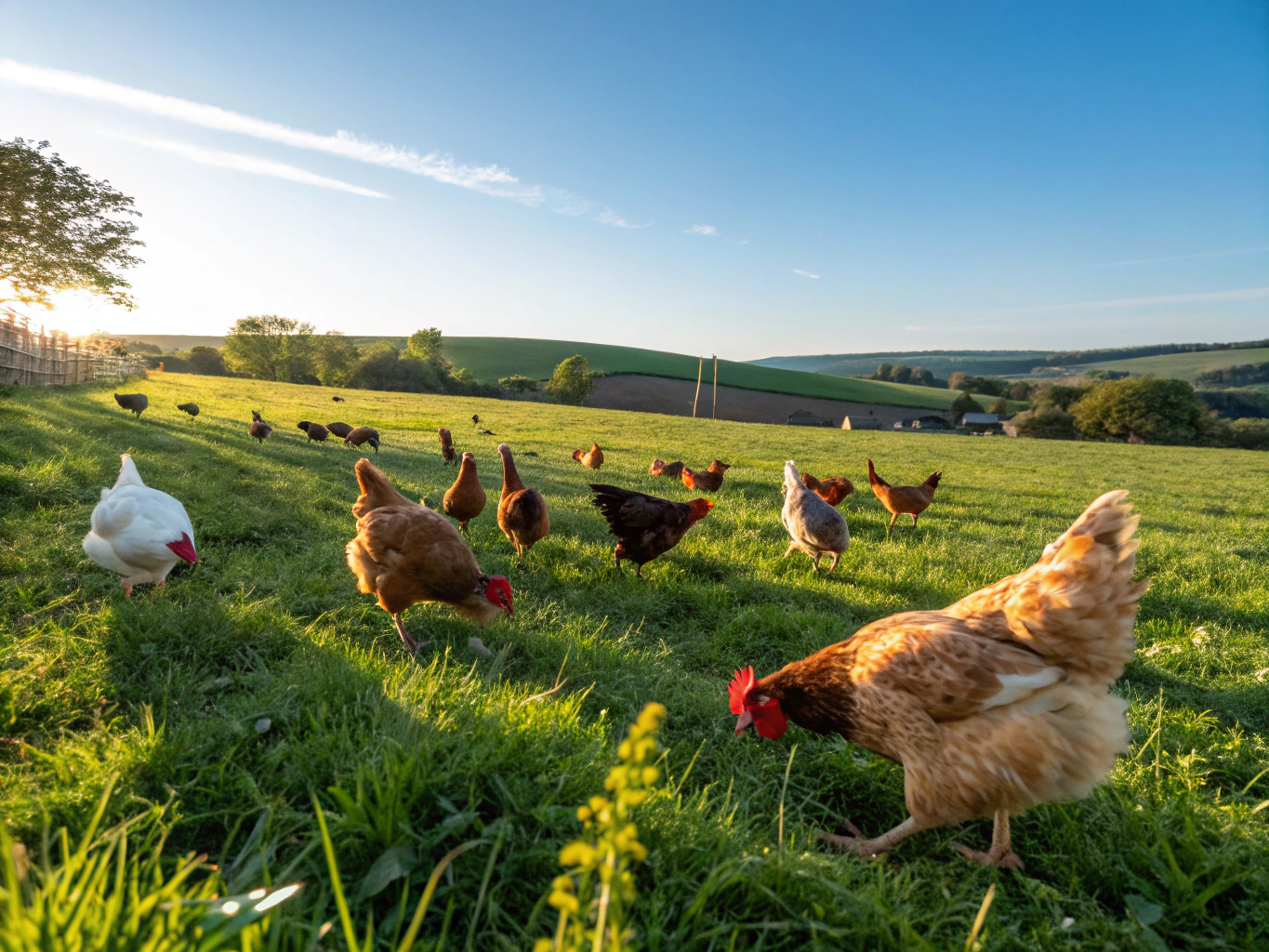 A healthy, happy flock of backyard hens in a lush garden setting