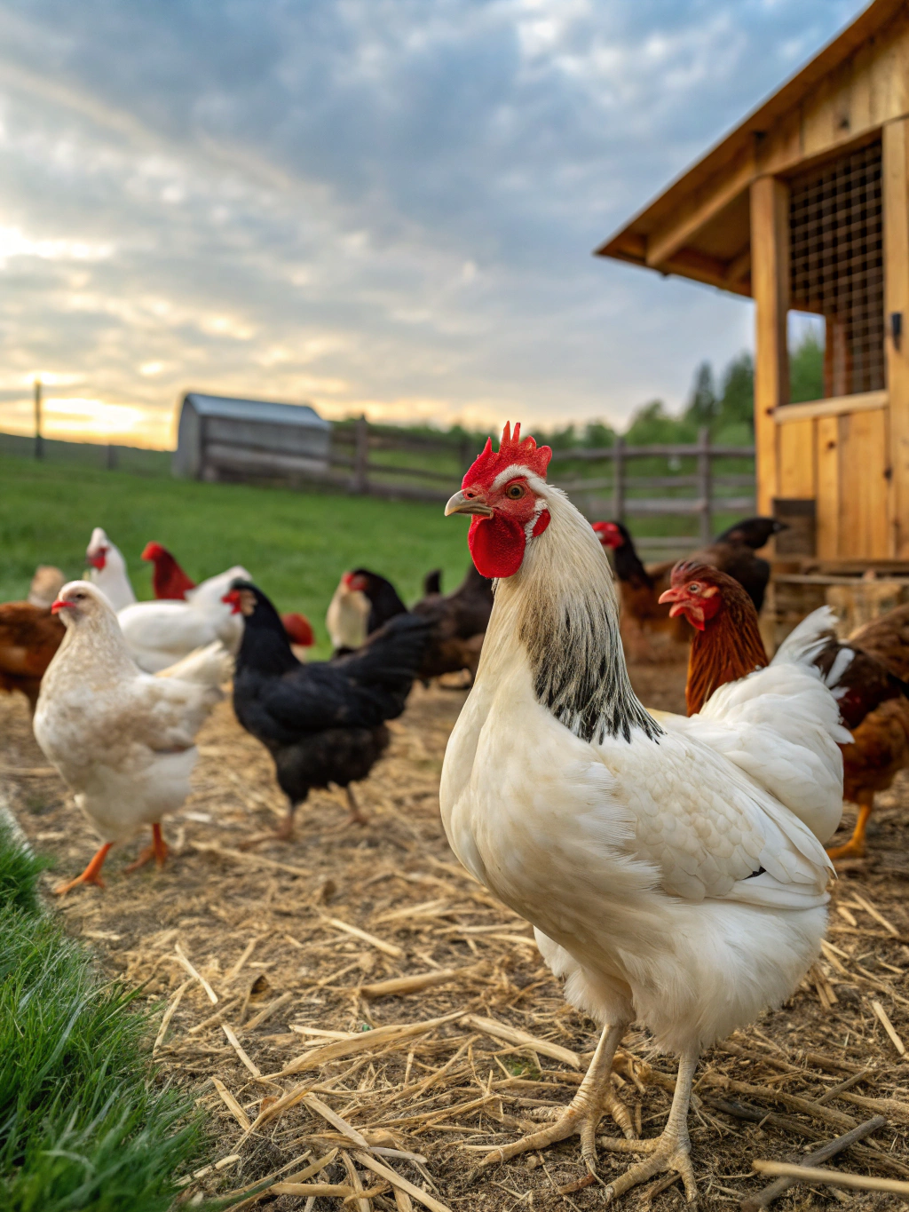 Healthy hens foraging in a garden